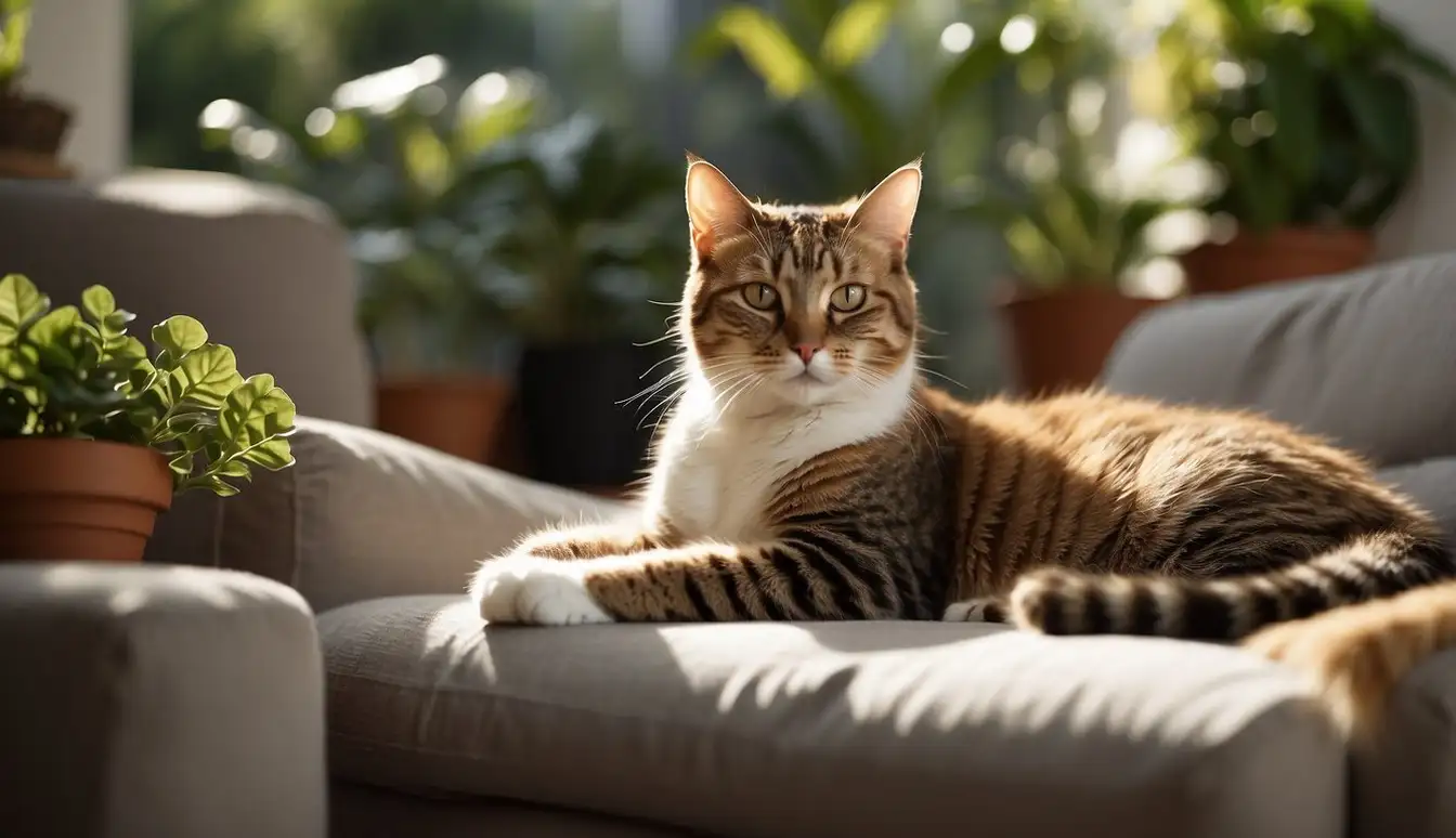 An indoor cat lounges in a sunlit room, while an outdoor cat explores a lush garden. The indoor cat appears relaxed, while the outdoor cat appears more active and curious