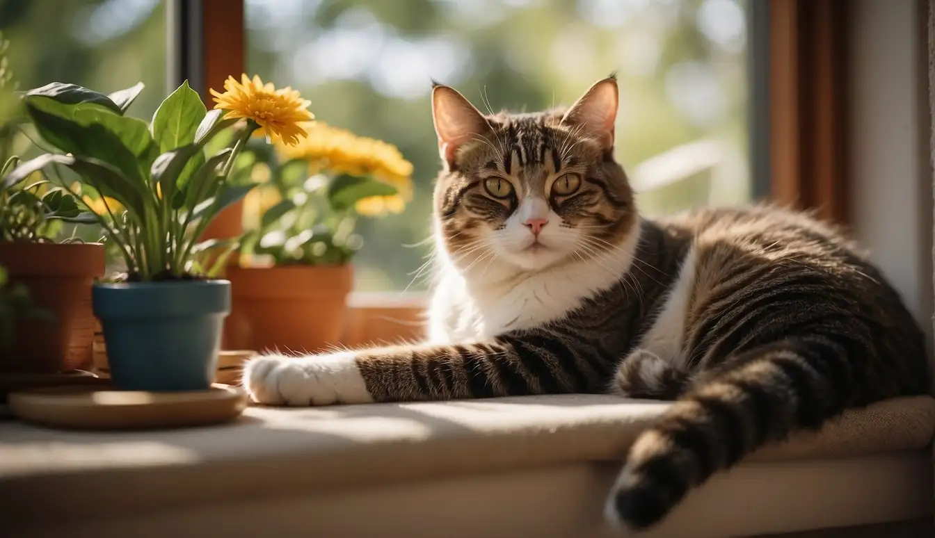 A cozy indoor cat lounges on a sunny windowsill, surrounded by toys and scratching posts. Outside, a confident outdoor cat explores a lush garden