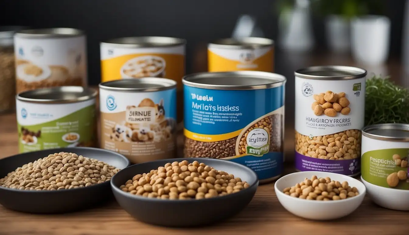 A variety of pet food options displayed with clear nutritional information, alongside fresh water and feeding bowls