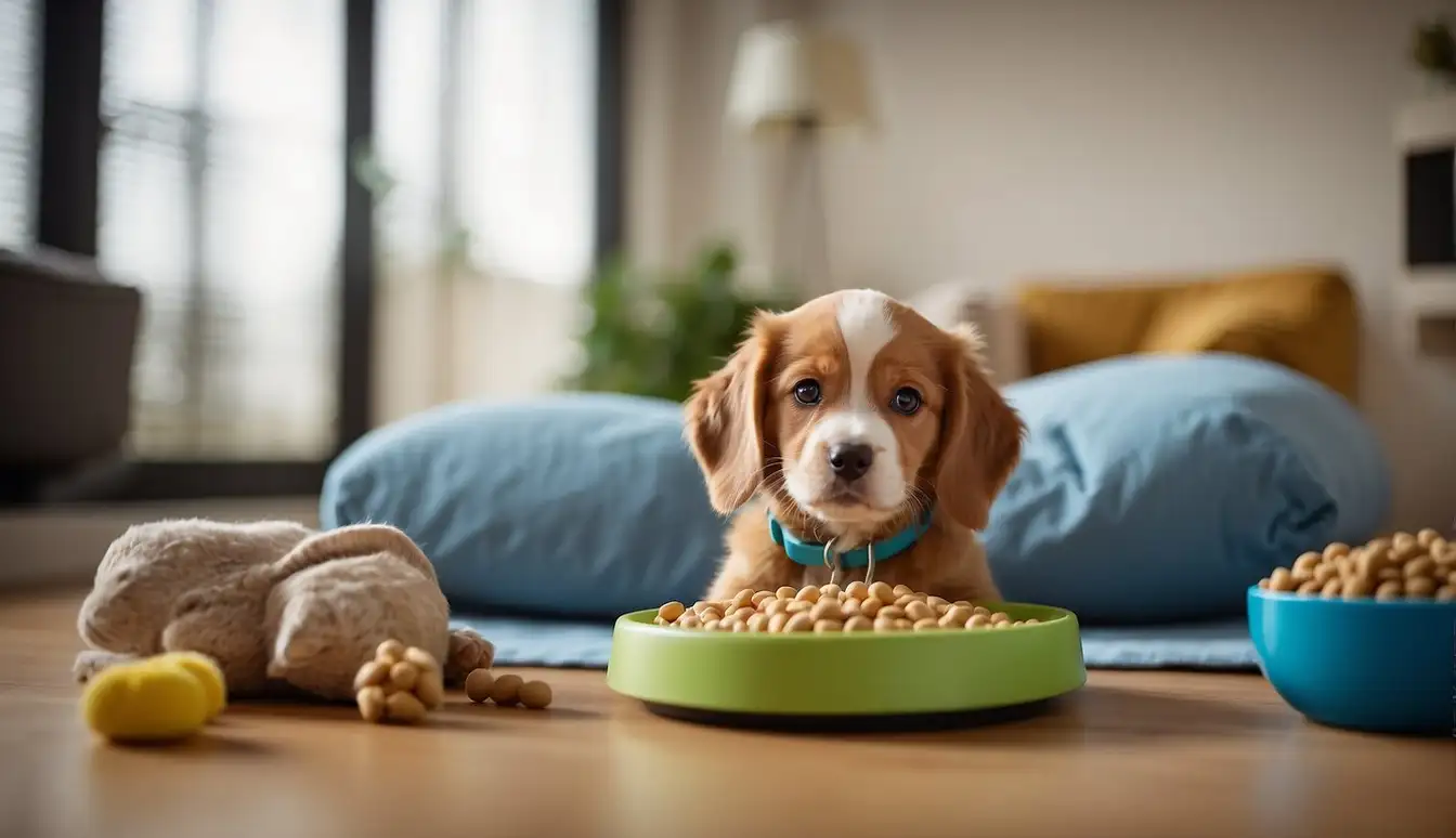 A puppy eating from a bowl of balanced pet food, surrounded by toys and a comfortable bed, with a chart showing different life stages and dietary needs for pets