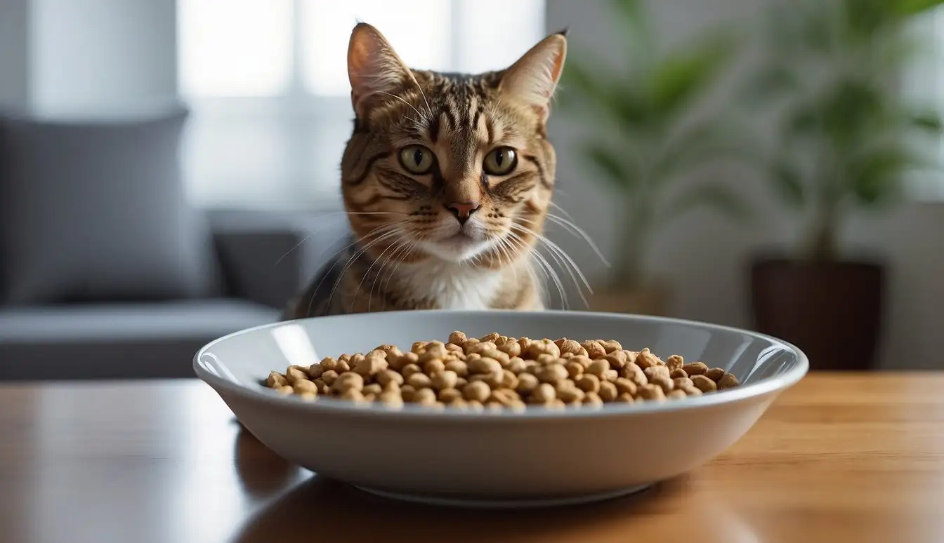 A pet eating from a bowl of balanced pet food, surrounded by fresh water and healthy treats