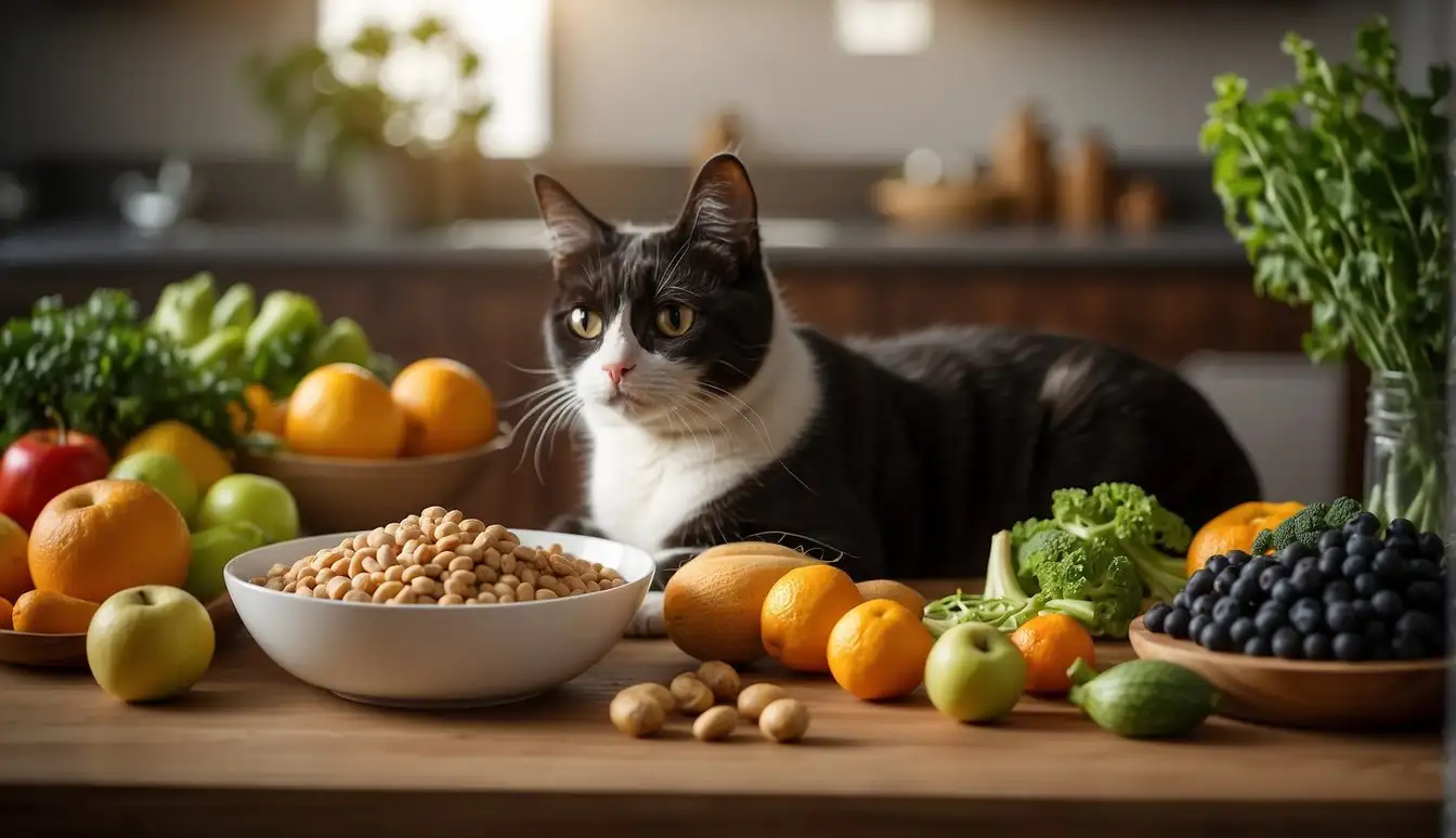 A bowl of balanced pet food surrounded by fresh fruits and vegetables, with a happy and healthy pet enjoying a meal