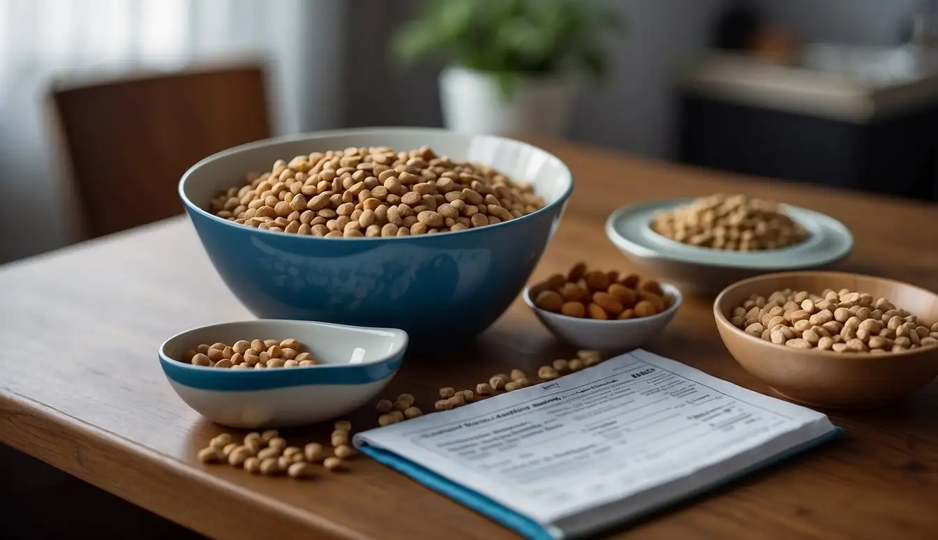 A bowl of balanced pet food sits next to a measuring cup and a list of pet nutrition guidelines. A happy, healthy pet plays in the background