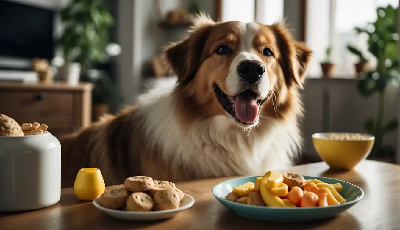 A happy dog with a shiny coat enjoys a balanced meal in a cozy home setting, surrounded by toys and a water bowl