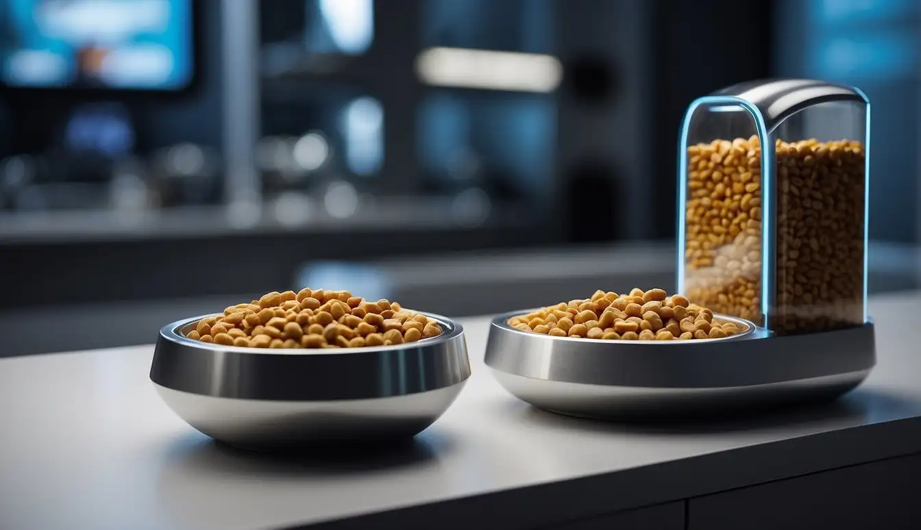 A futuristic pet food dispenser automatically dispenses nutrient-rich meals into sleek, minimalist bowls. A holographic display showcases the importance of proper nutrition in pet care