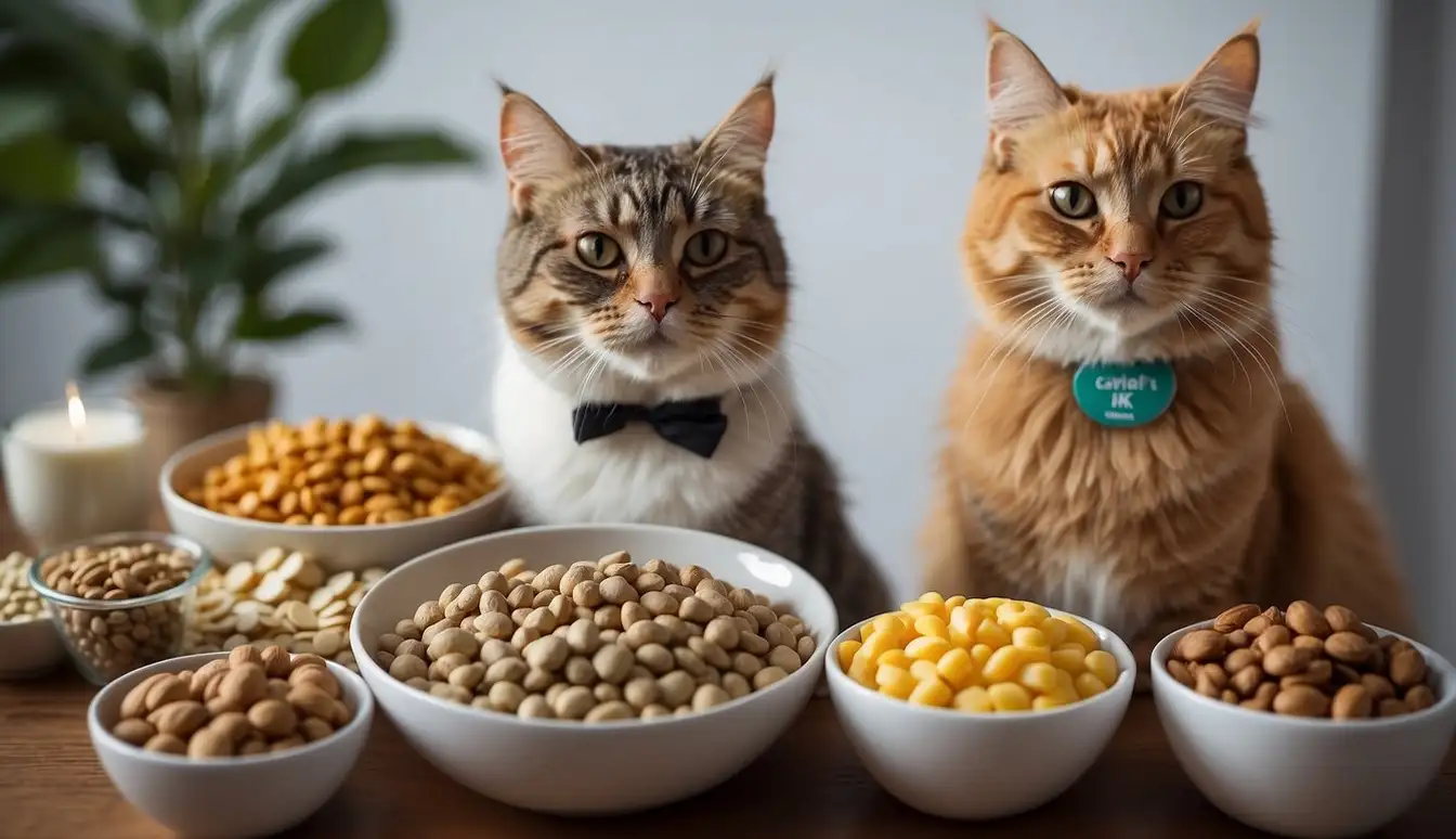 A cat and dog sit beside their full food bowls, surrounded by various healthy pet food options and a water bowl. A chart on the wall shows recommended pet nutrition guidelines