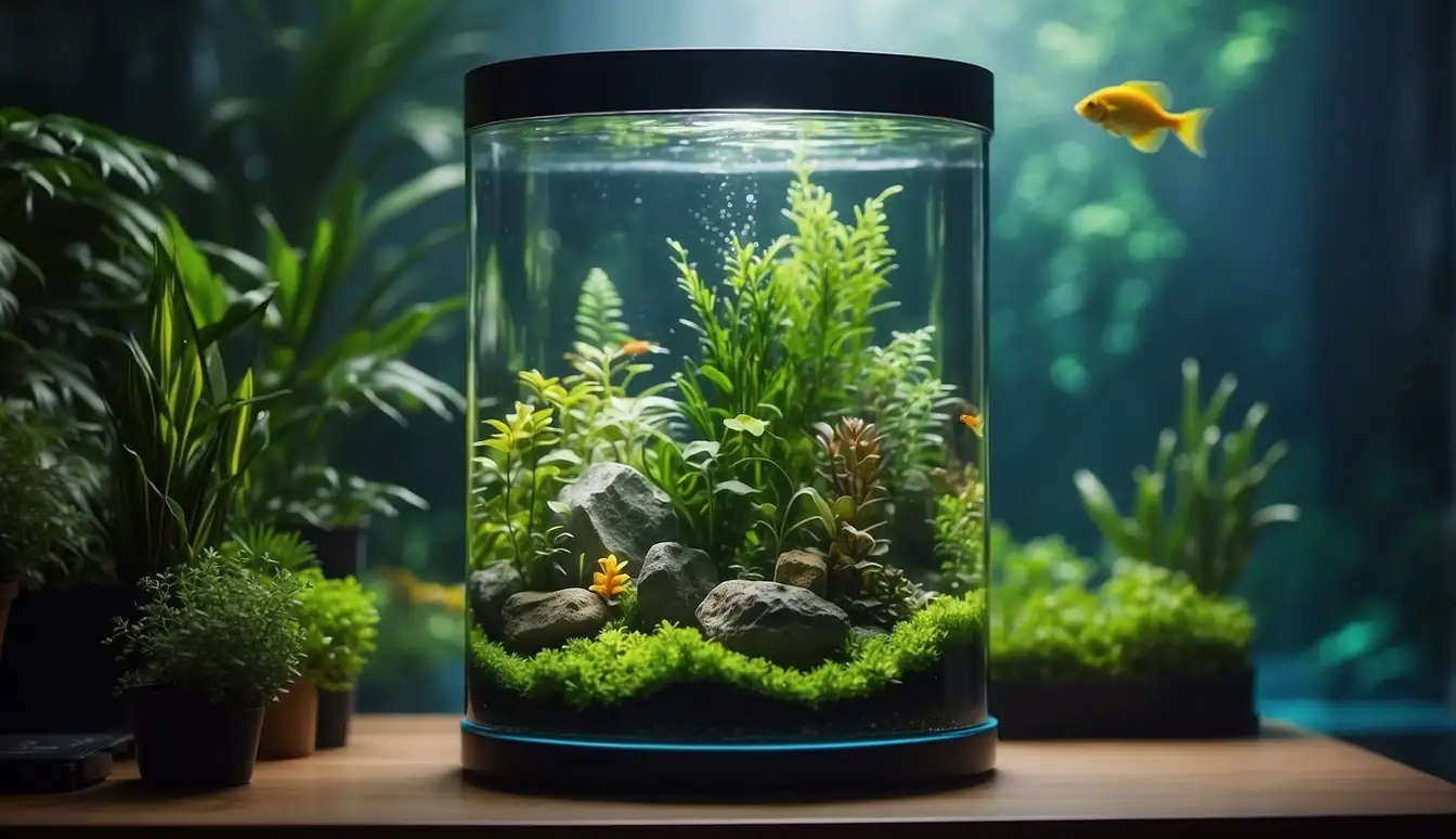 Water flows into a glass aquarium, filling it halfway. Green plants and colorful rocks are carefully arranged on the bottom, creating a natural underwater landscape