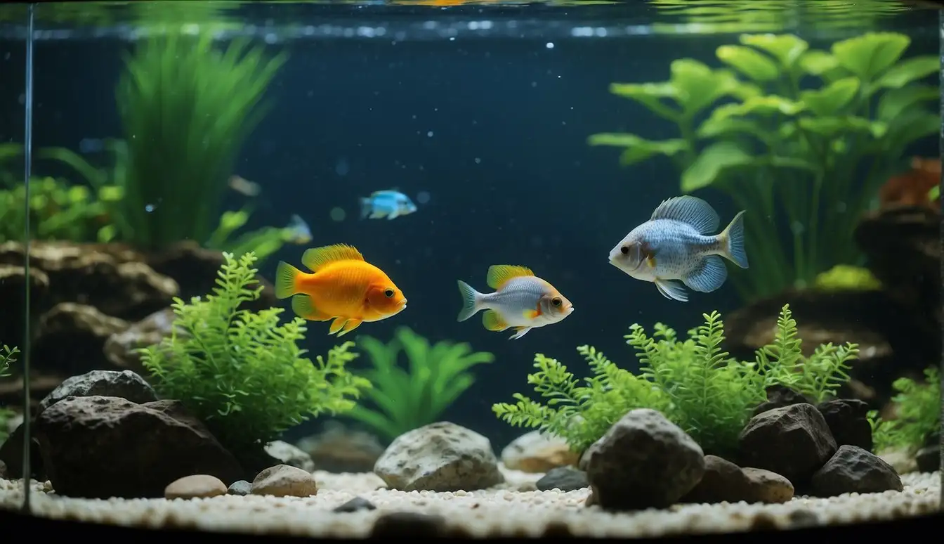 Crystal clear water, lush green plants, and a variety of colorful freshwater fish swimming happily in a well-maintained aquarium