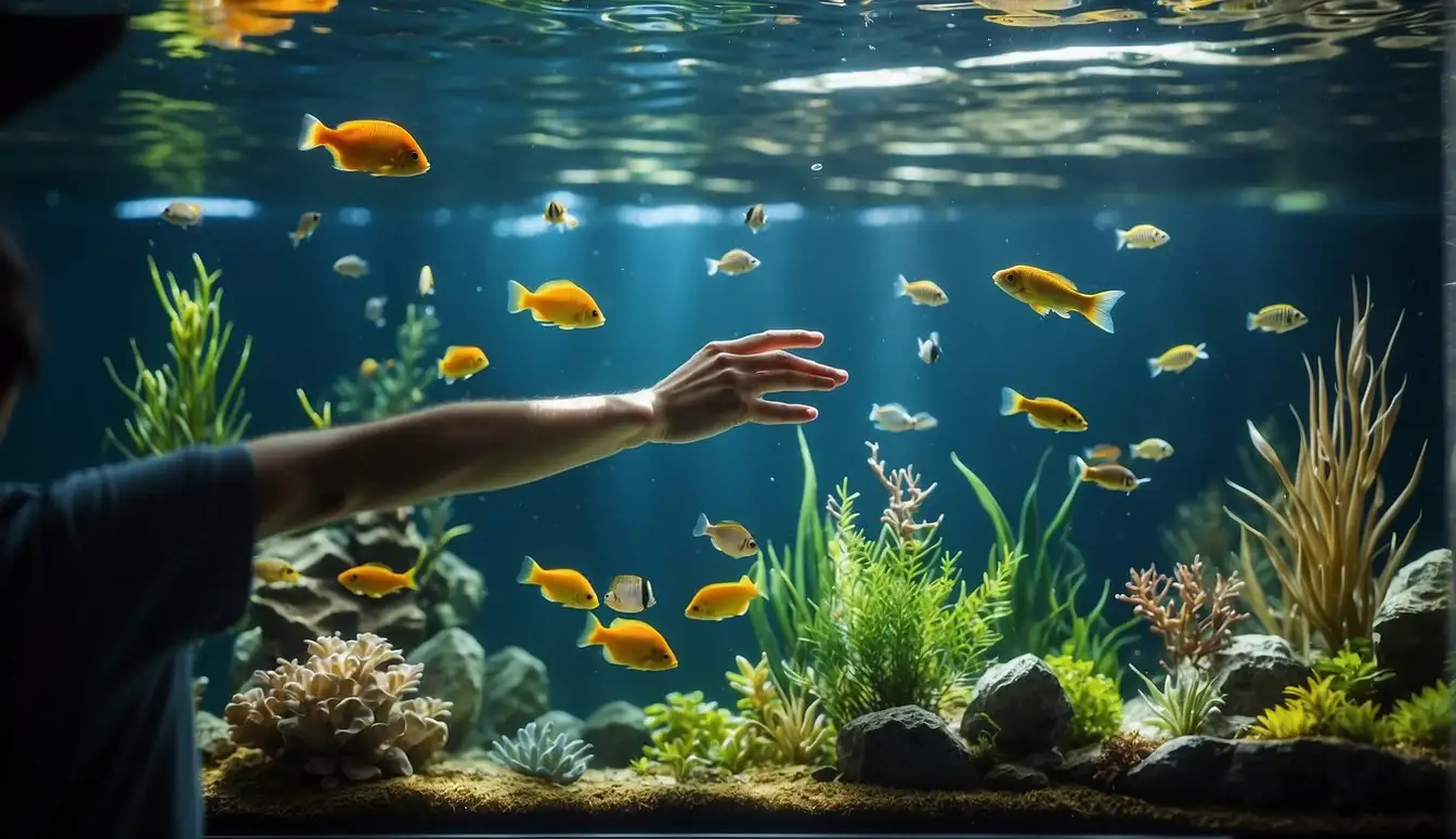 A hand reaches into an aquarium, adjusting the water temperature and checking the filtration system. Various freshwater fish swim around plants and rocks, creating a healthy and vibrant underwater environment
