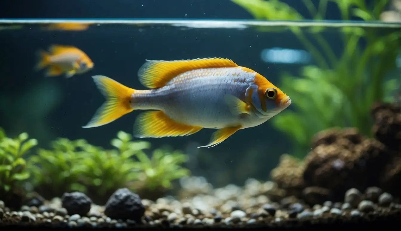 Colorful freshwater fish swimming in a well-maintained aquarium with plants and clean water. A small filter hums softly, providing a healthy environment for the fish