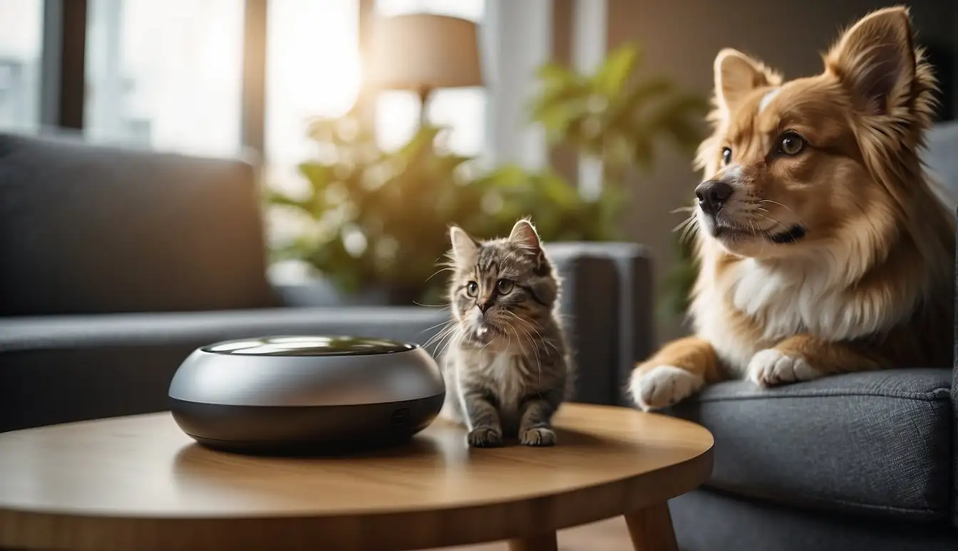 Pets enjoying advanced products and services, from high-tech toys to personalized health care, in a modern and vibrant pet-friendly environment