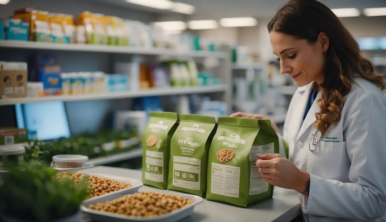 A veterinarian carefully examines a plant-based pet food label, surrounded by eco-friendly pet products and ethical pet care literature