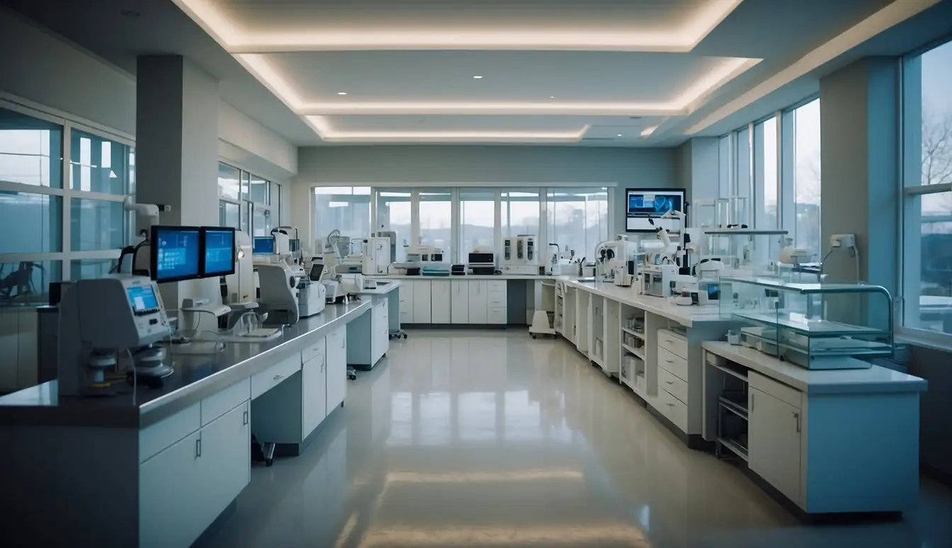 A futuristic veterinary clinic with advanced medical equipment and robots assisting in pet care